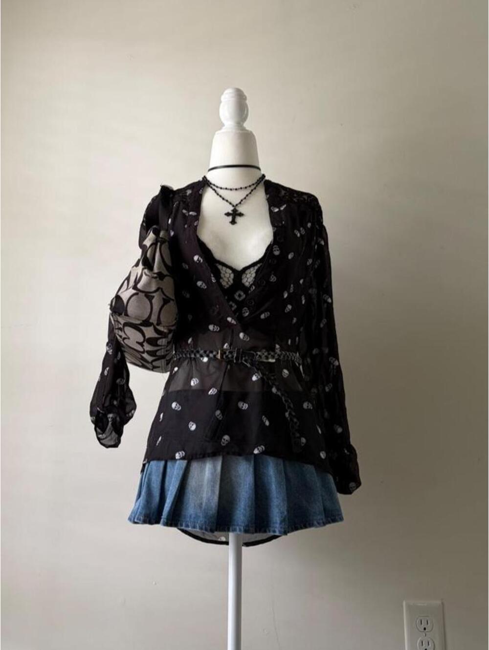 Y2K No Boundaries Skull Mesh Sheer Tie Waist Goth Blouse Top
